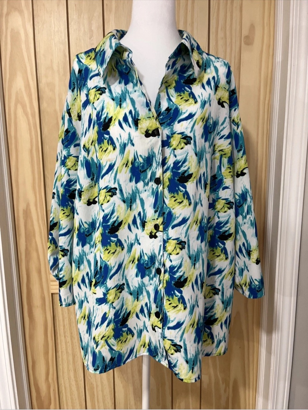 Just My Size Brushstroke Print Blouse in Blue, Teal & Yellow-Green